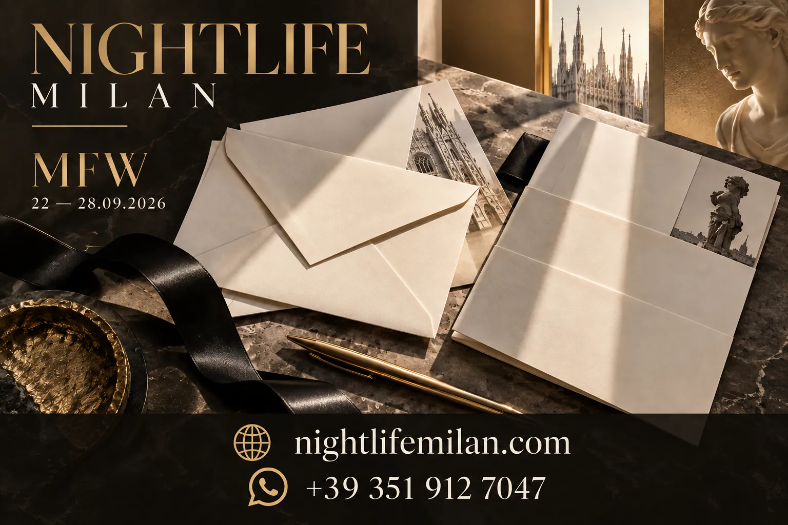 Blank envelopes and paper with a gold pen, Nightlife Milan branding and contact details.