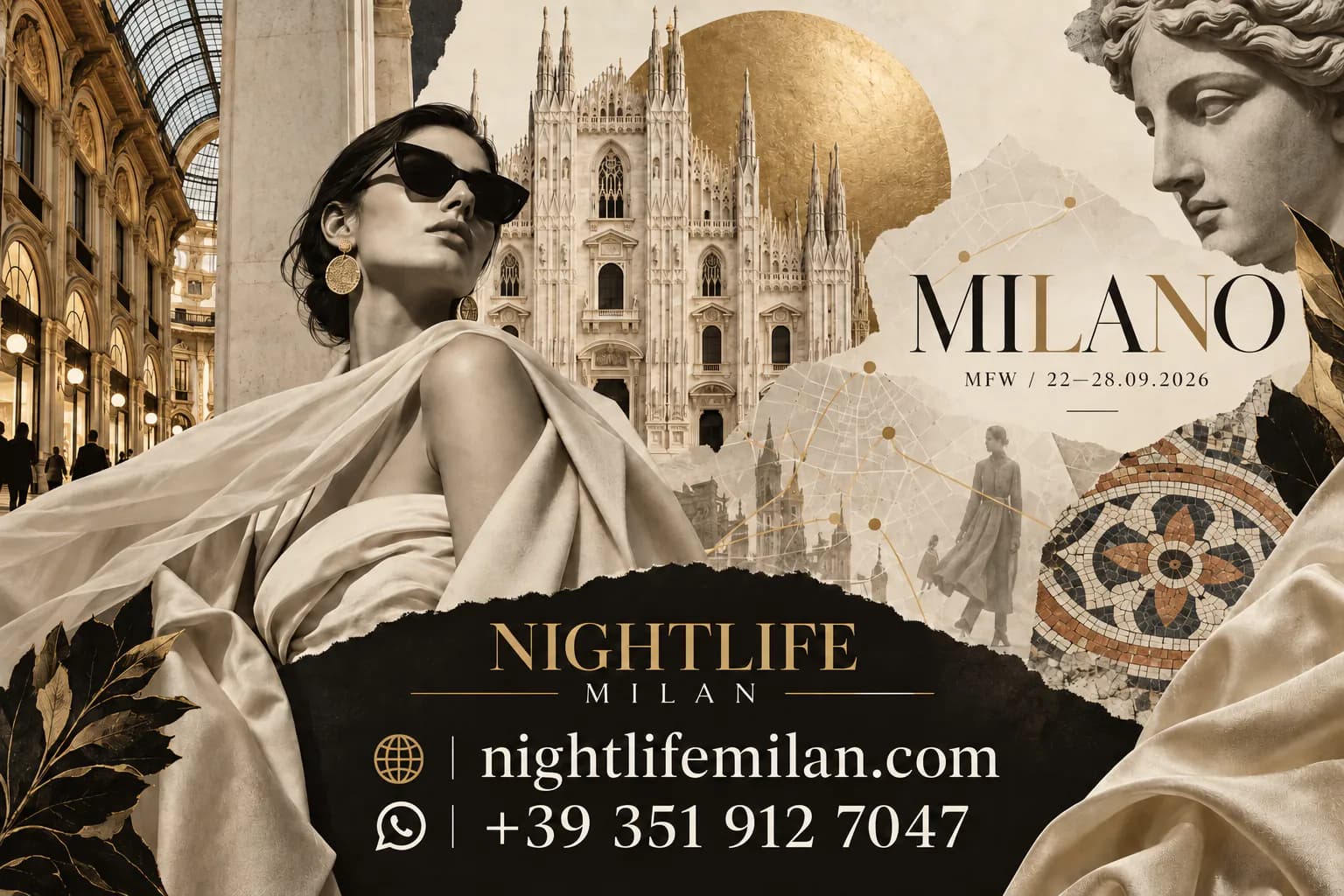 Collage of Milan architecture, a fashion portrait and a statue, with Nightlife Milan branding and contact details.
