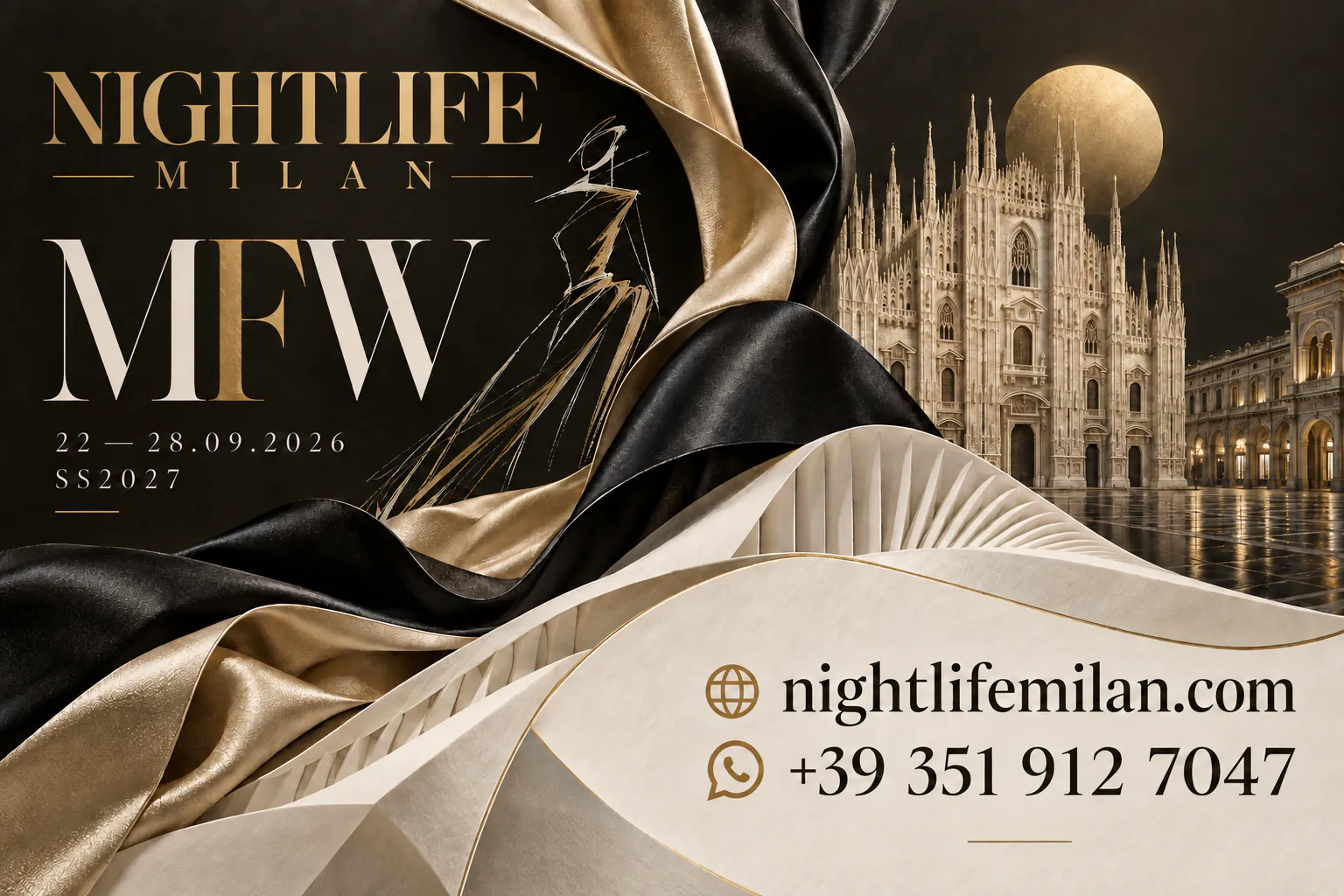 Fashion sketch with black and gold satin, illustrated Milan Cathedral, Nightlife Milan branding and contact details.