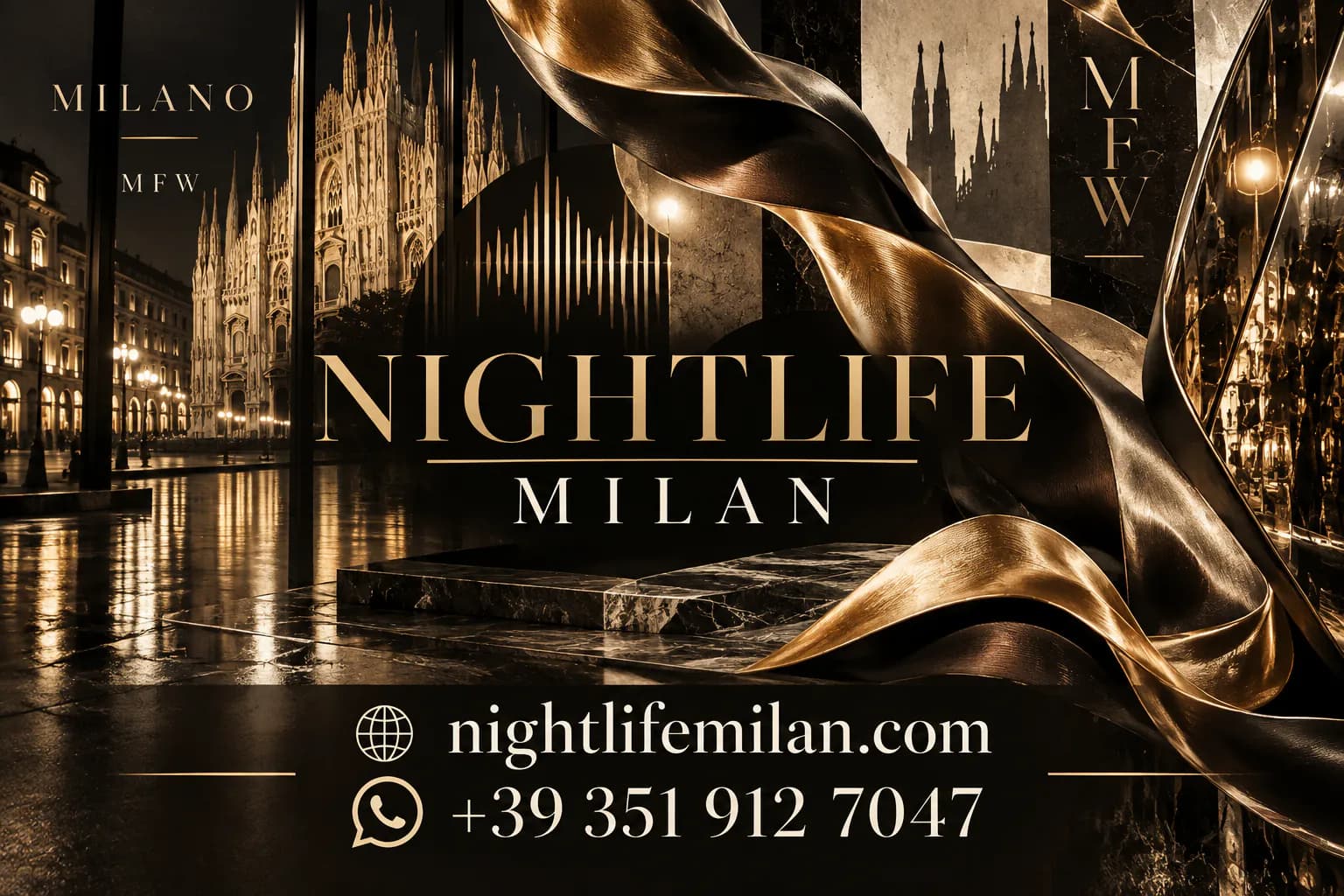 Golden light, architectural reflections and satin, with Nightlife Milan branding and contact details.