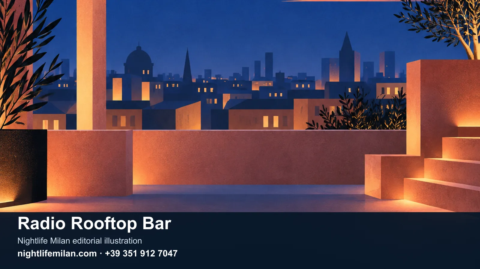 Redakční ilustrace Nightlife Milan. Radio Rooftop Bar