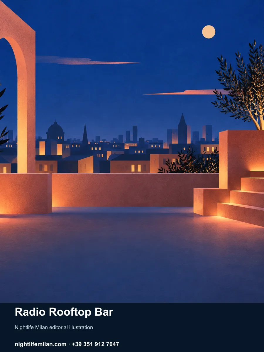 Nightlife Milan editorial illustration. Radio Rooftop Bar