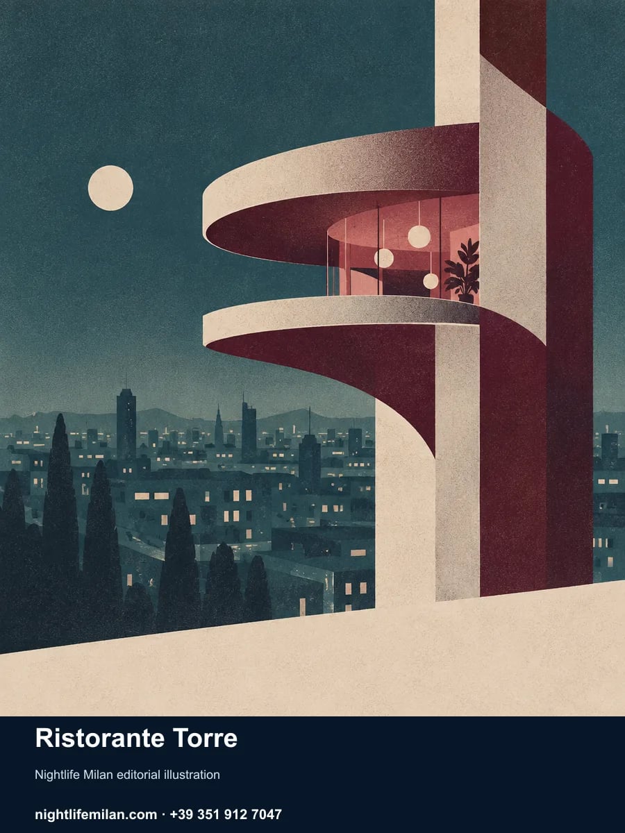 Nightlife Milan editorial illustration. Ristorante Torre