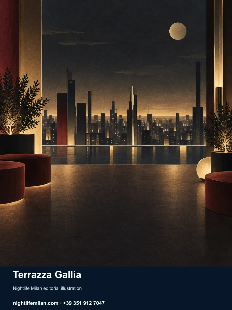 Nightlife Milan editorial illustration. Terrazza Gallia