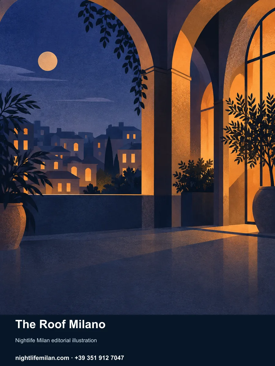Nightlife Milan editorial illustration. The Roof Milano