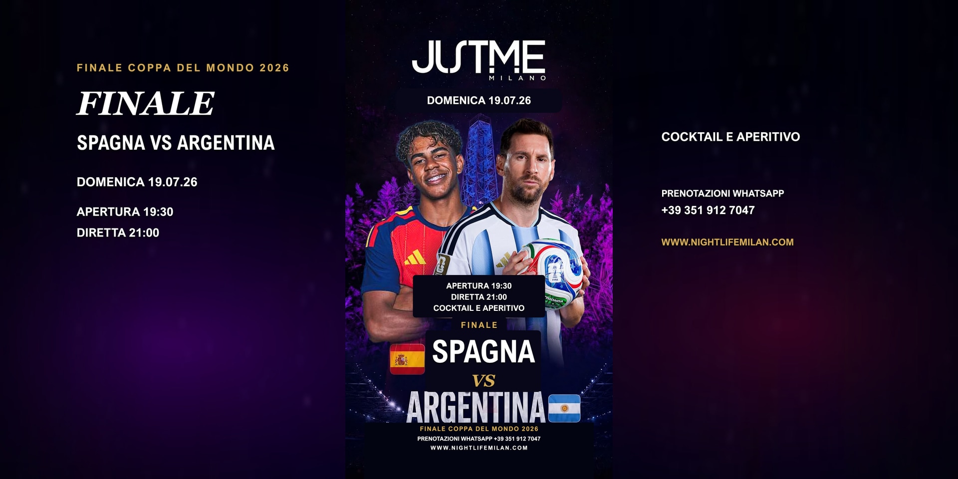 Cover di Spagna-Argentina al Just Me Milano: domenica 19 luglio, apertura 19:30 e diretta alle 21:00