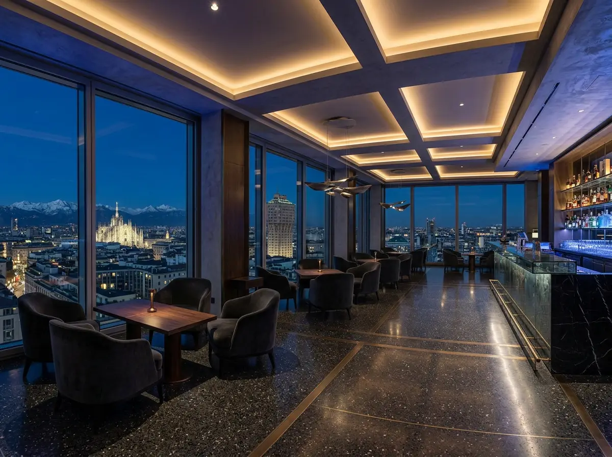 Voya Rooftop Milan — bar and champagne service during San Siro Post-Match Skyline Cocktail & DJ Set — Voya Rooftop (20th Floor) Voya Rooftop Milan — bar and champagne service during San Siro Post-Match Skyline Cocktail & DJ Set — Voya Rooftop (20th Floor)