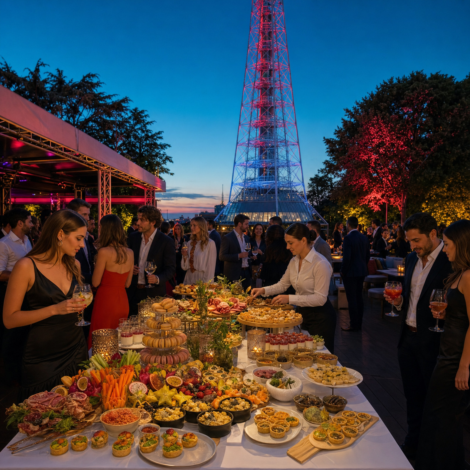Visual dell’aperitivo al Just Me Milano con buffet e pubblico adulto elegante sotto la Torre Branca