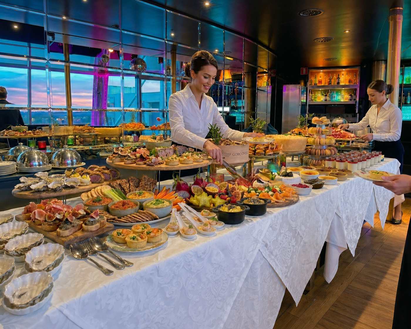 Just Me Milan buffet with savoury dishes, desserts and two members of staff serving guests