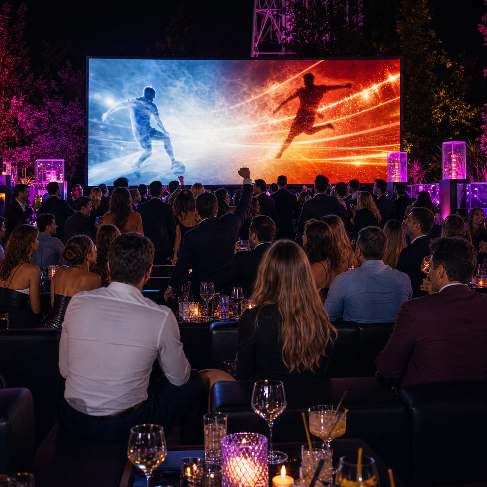 Visual della finale su maxischermo con pubblico adulto elegante nel garden del Just Me Milano