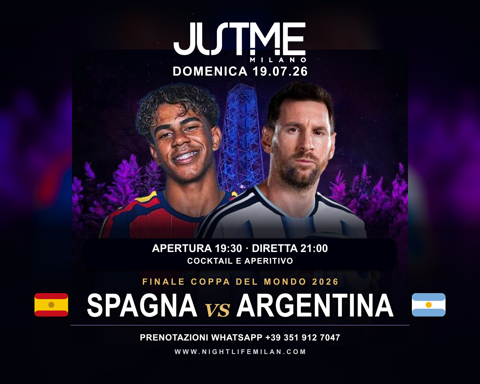 Locandina finale Spagna-Argentina al Just Me Milano Locandina 5:4 di Spagna-Argentina al Just Me Milano con i due giocatori, Torre Branca, data, orari e contatti