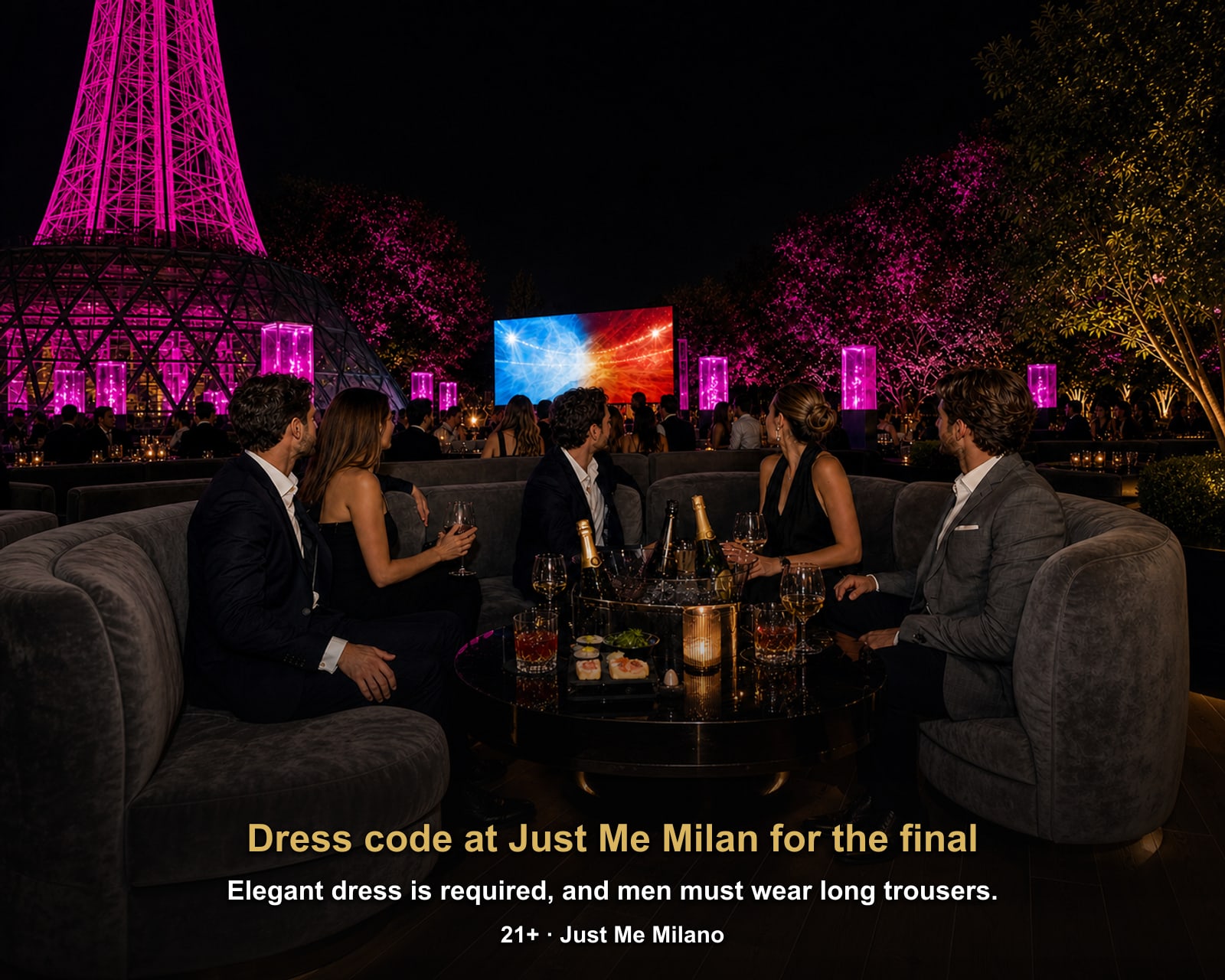 Dress code at Just Me Milan for the final: Elegant dress is required, and men must wear long trousers.. World Cup Final Spain vs Argentina on the Big Screen at Just Me Milan, Just Me Milano.