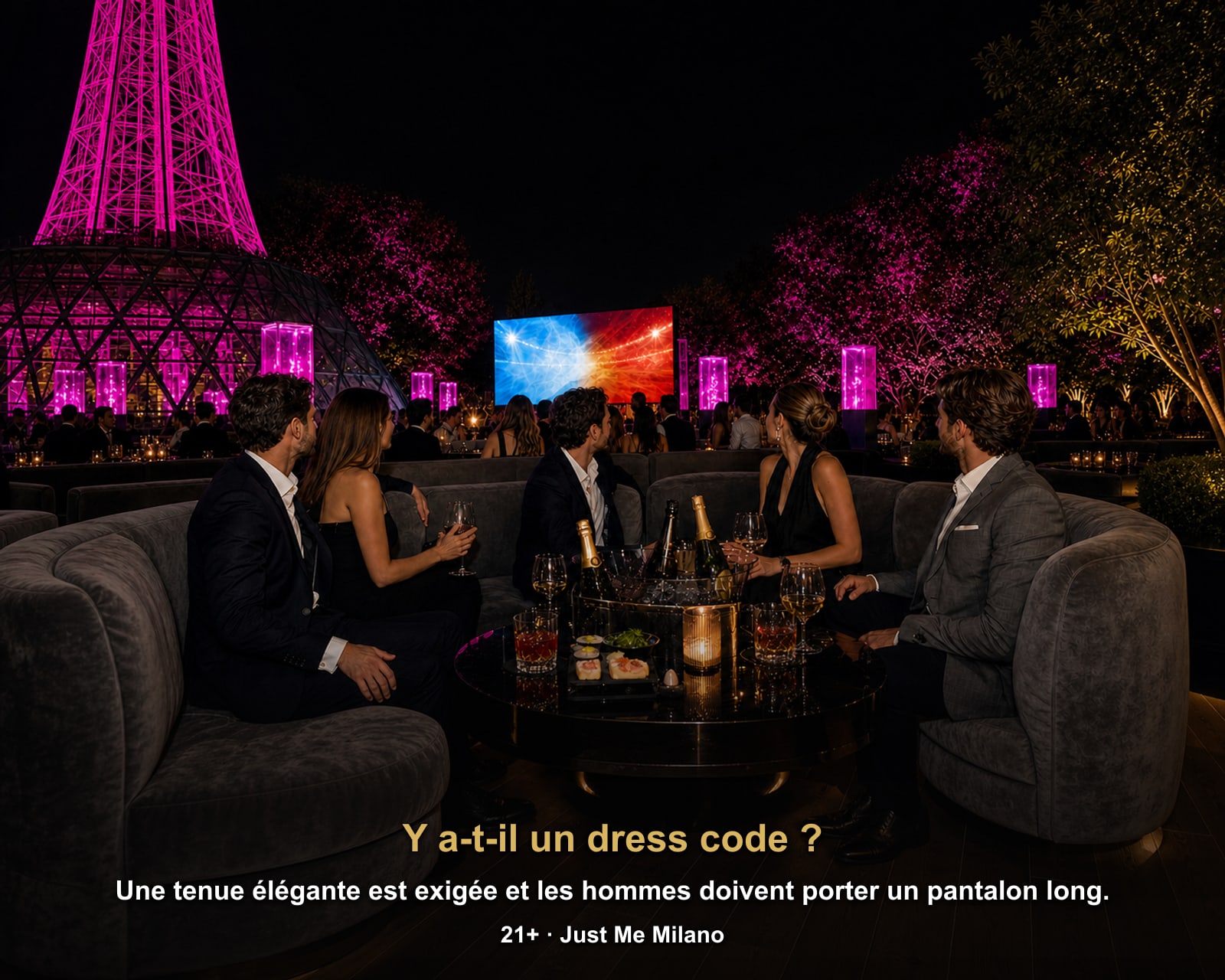Y a-t-il un dress code ?: Une tenue élégante est exigée et les hommes doivent porter un pantalon long.. Finale de la Coupe du monde Espagne-Argentine sur écran géant au Just Me Milan, Just Me Milano.