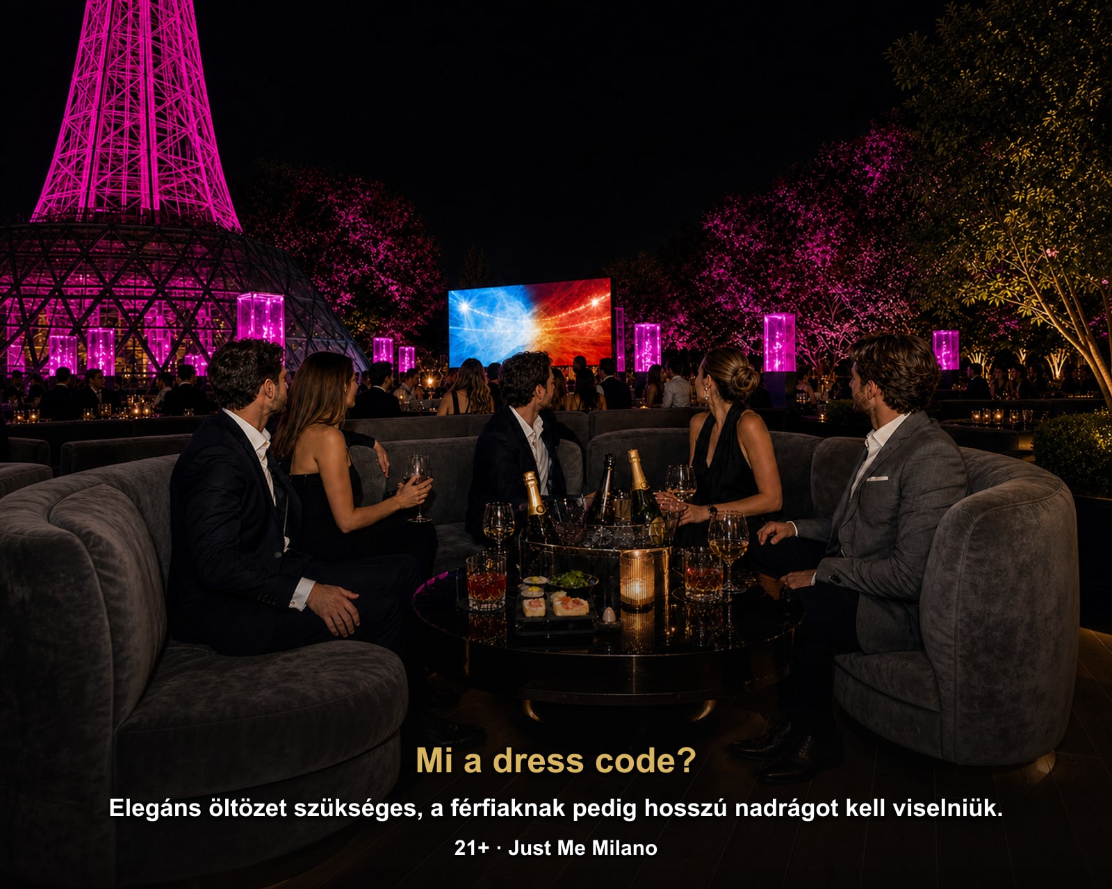 Mi a dress code?: Elegáns öltözet szükséges, a férfiaknak pedig hosszú nadrágot kell viselniük.. Spanyolország–Argentína világbajnoki döntő óriáskivetítőn a milánói Just Me-ben, Just Me Milano.