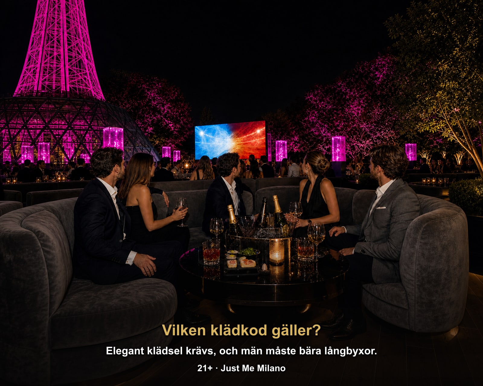 Vilken klädkod gäller?: Elegant klädsel krävs, och män måste bära långbyxor.. VM-finalen Spanien – Argentina på storbildsskärm | Just Me Milano, Just Me Milano.
