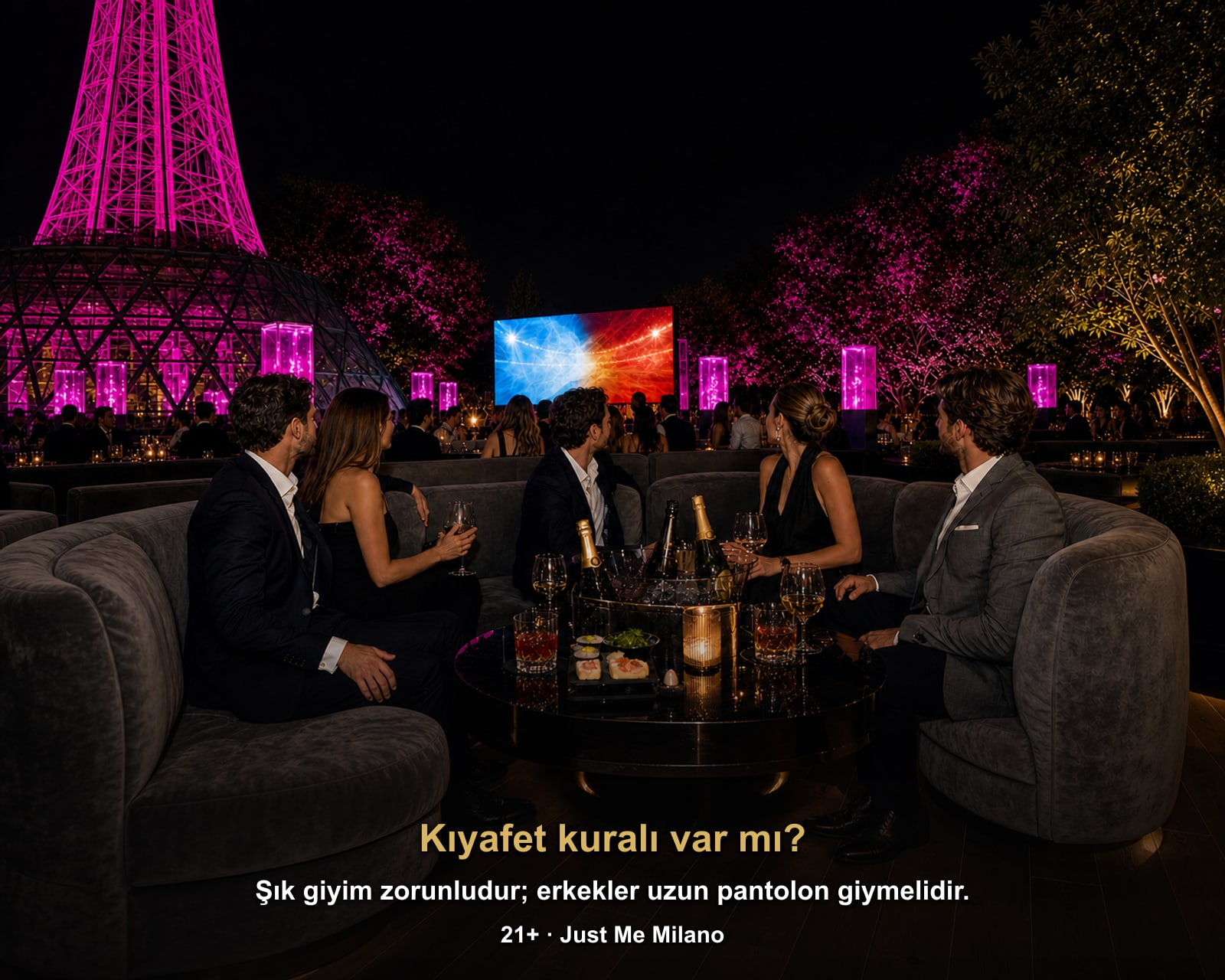 Kıyafet kuralı var mı?: Şık giyim zorunludur; erkekler uzun pantolon giymelidir.. Dünya Kupası finali İspanya-Arjantin dev ekranda Just Me Milan'da, Just Me Milano.