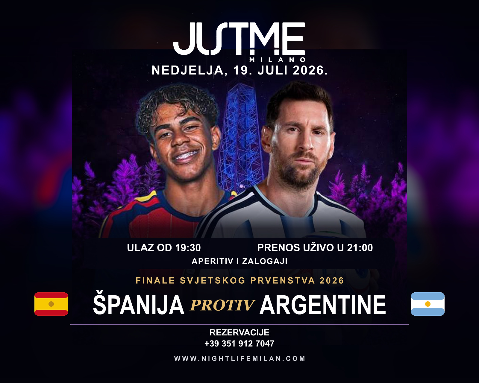 Plakat finala Španija – Argentina u Just Me Milano Plakat finala Španija – Argentina sa dva fudbalera, loptom i osvijetljenim tornjem Torre Branca