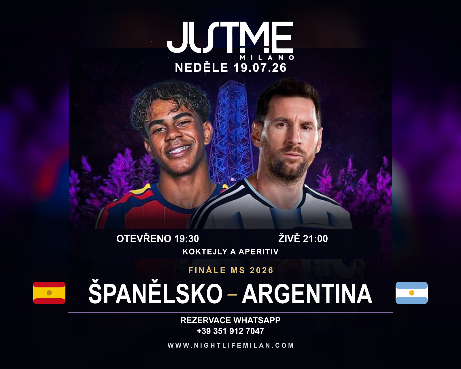 Lokalizovaný plakát finále v Just Me Hráči Španělska a Argentiny na lokalizovaném plakátu Just Me s Torre Branca, vlajkami, datem a časy.