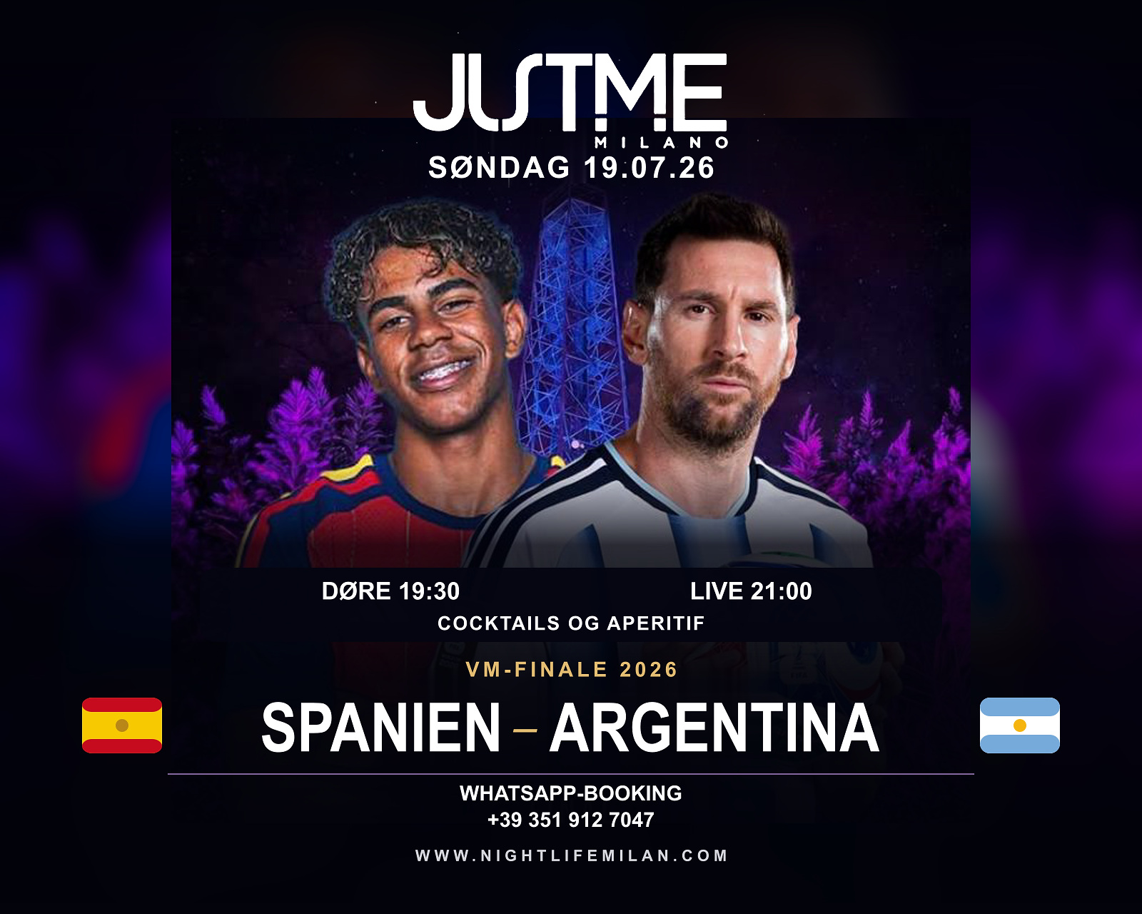 Lokaliseret finaleplakat fra Just Me Spaniens og Argentinas spillere på den lokaliserede Just Me-plakat med Torre Branca, flag, dato og tidspunkter.
