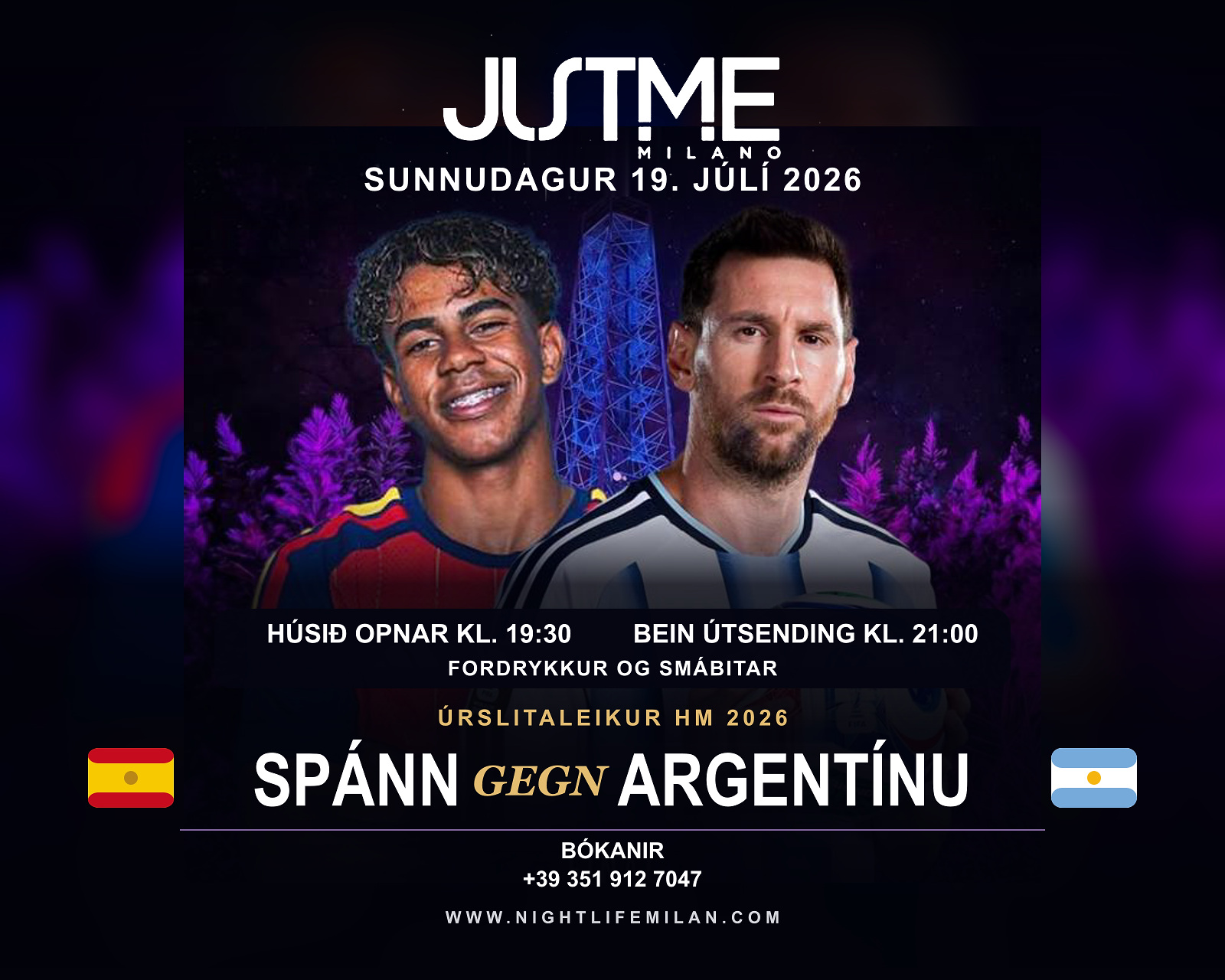 Veggspjald fyrir úrslitaleik Spánar og Argentínu á Just Me Milano Veggspjald fyrir úrslitaleik Spánar og Argentínu með tveimur knattspyrnumönnum, bolta og upplýstum Torre Branca-turninum