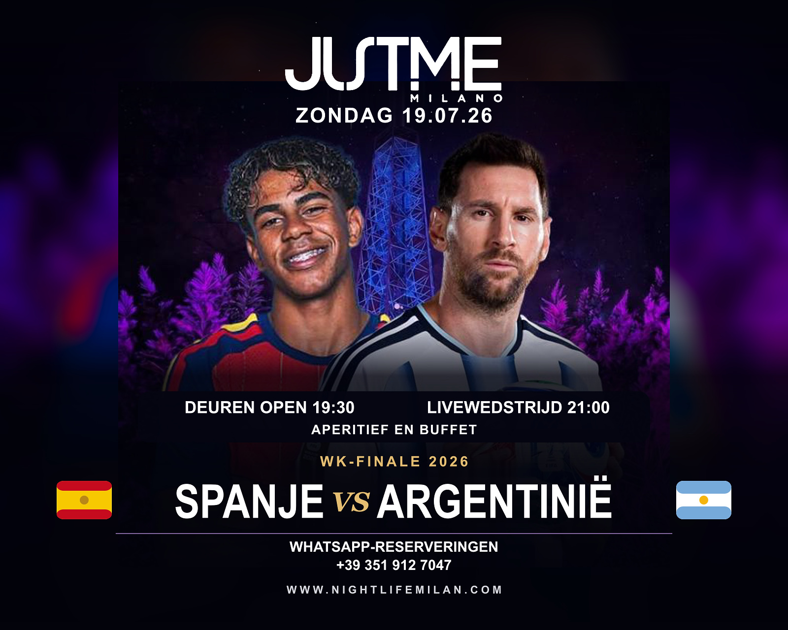 Nederlandse poster Spanje-Argentinië bij Just Me Milan Nederlandstalige poster van Just Me Milan met de spelers van Spanje en Argentinië, Torre Branca, vlaggen, datum en tijden