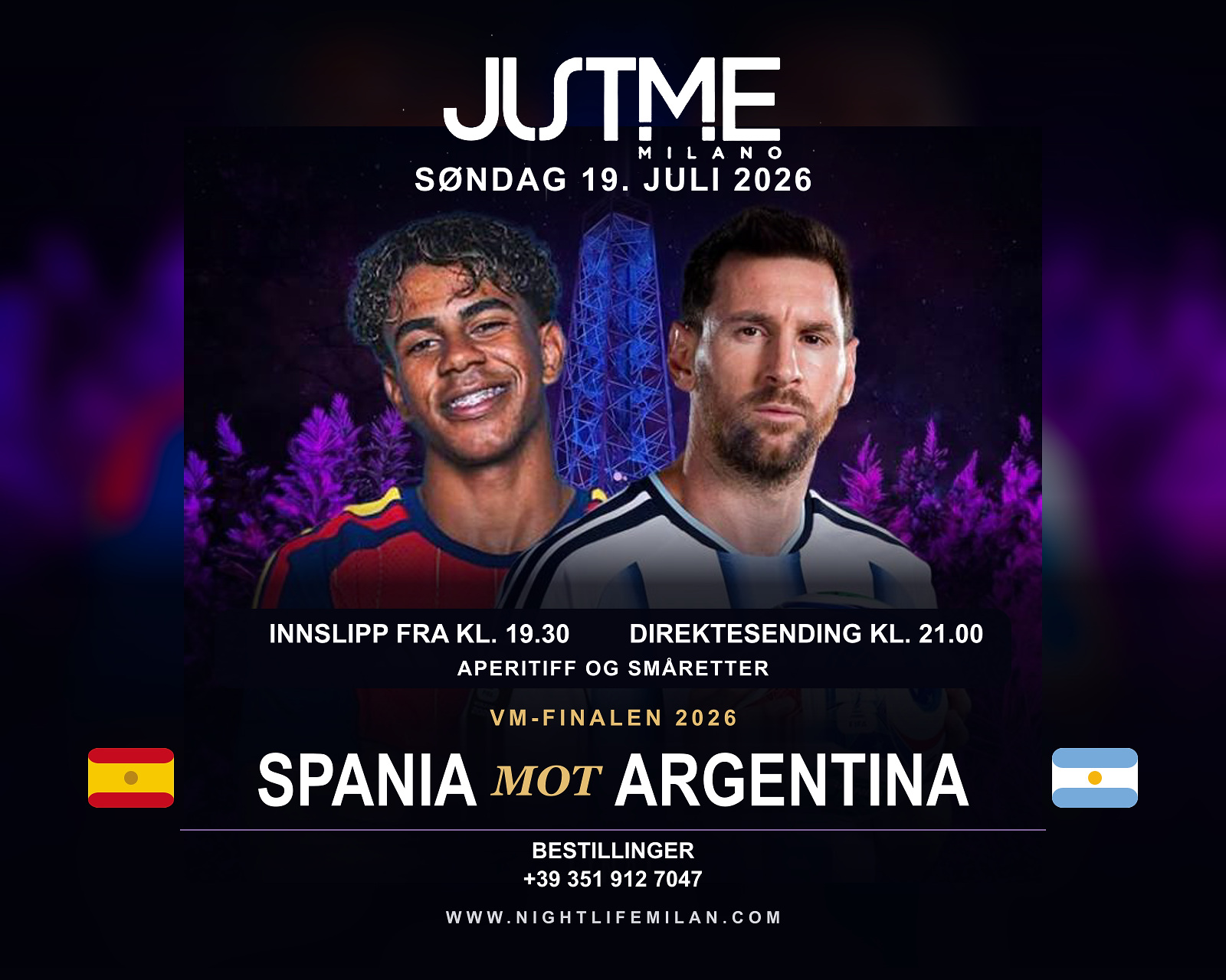 Plakat for finalen Spania – Argentina på Just Me Milano Plakat for finalen Spania – Argentina med to fotballspillere, en ball og det opplyste tårnet Torre Branca