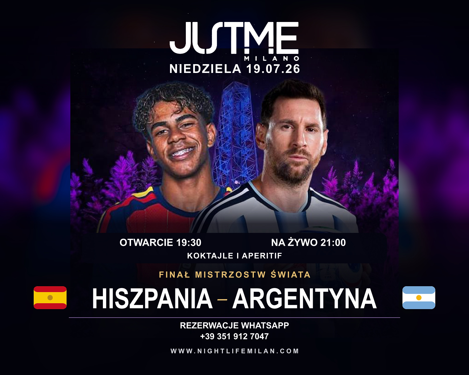 Zlokalizowany plakat finału w Just Me Zawodnicy Hiszpanii i Argentyny na zlokalizowanym plakacie Just Me z Torre Branca, flagami, datą i godzinami.