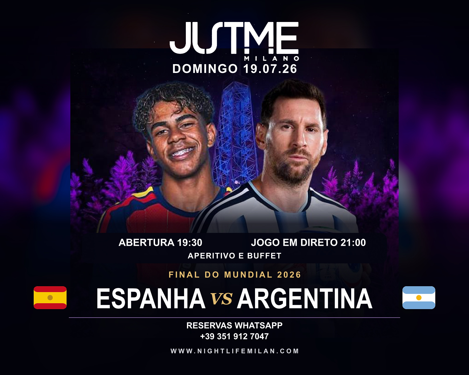 Cartaz em português de Espanha-Argentina no Just Me Milan Cartaz do Just Me Milan localizado em português com os jogadores de Espanha e Argentina, Torre Branca, bandeiras, data e horários
