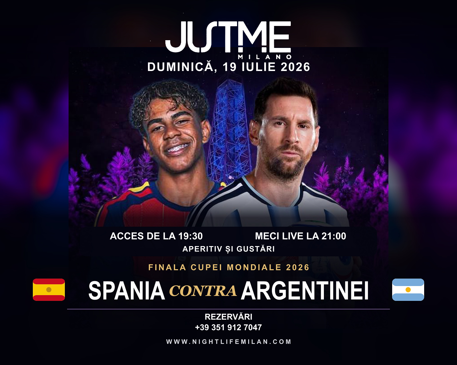 Afișul finalei Spania – Argentina la Just Me Milano Afișul finalei Spania – Argentina cu doi fotbaliști, o minge și Torre Branca iluminat