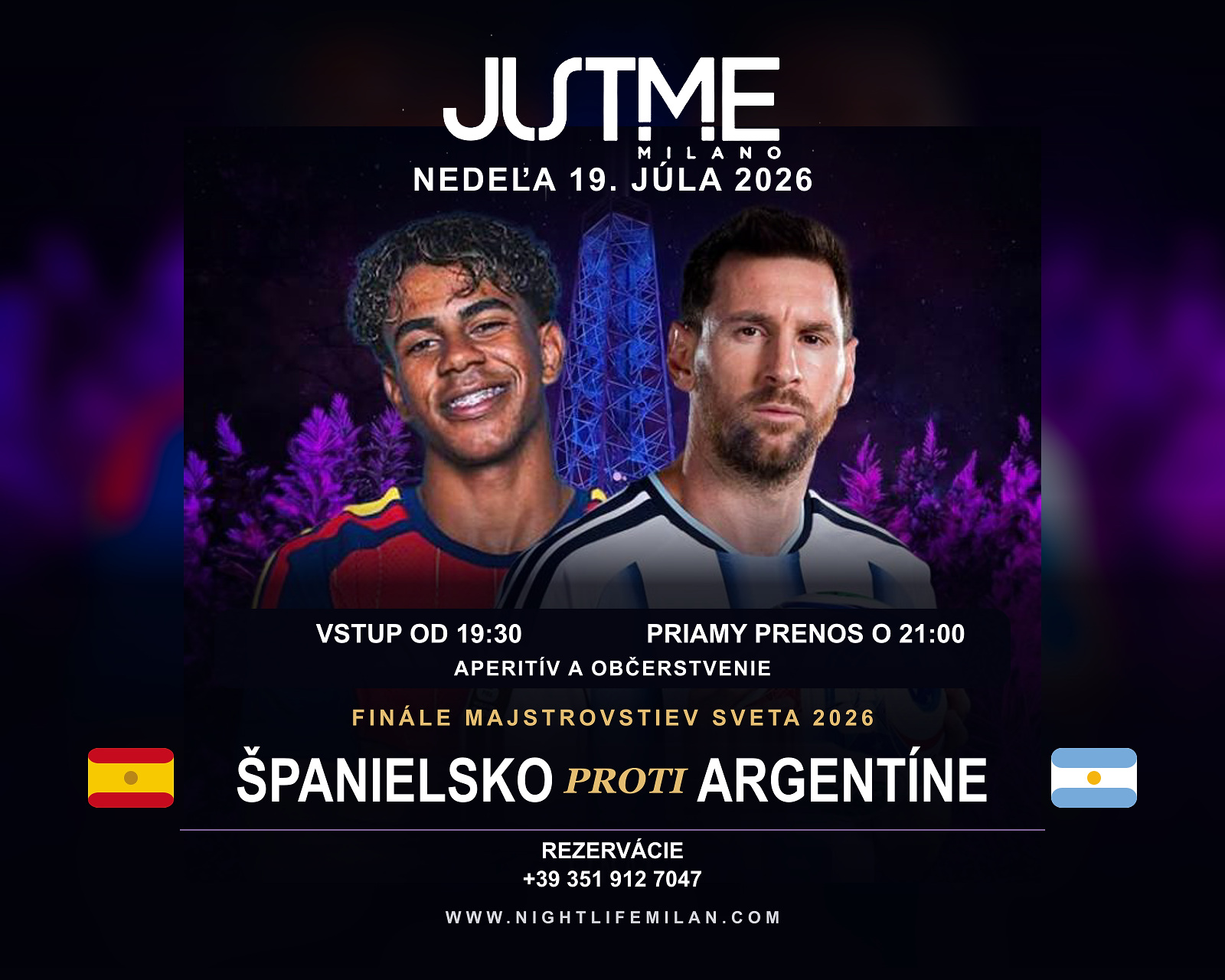 Plagát finále Španielsko – Argentína v Just Me Milano Plagát finále Španielsko – Argentína s dvoma futbalistami, loptou a osvetlenou vežou Torre Branca