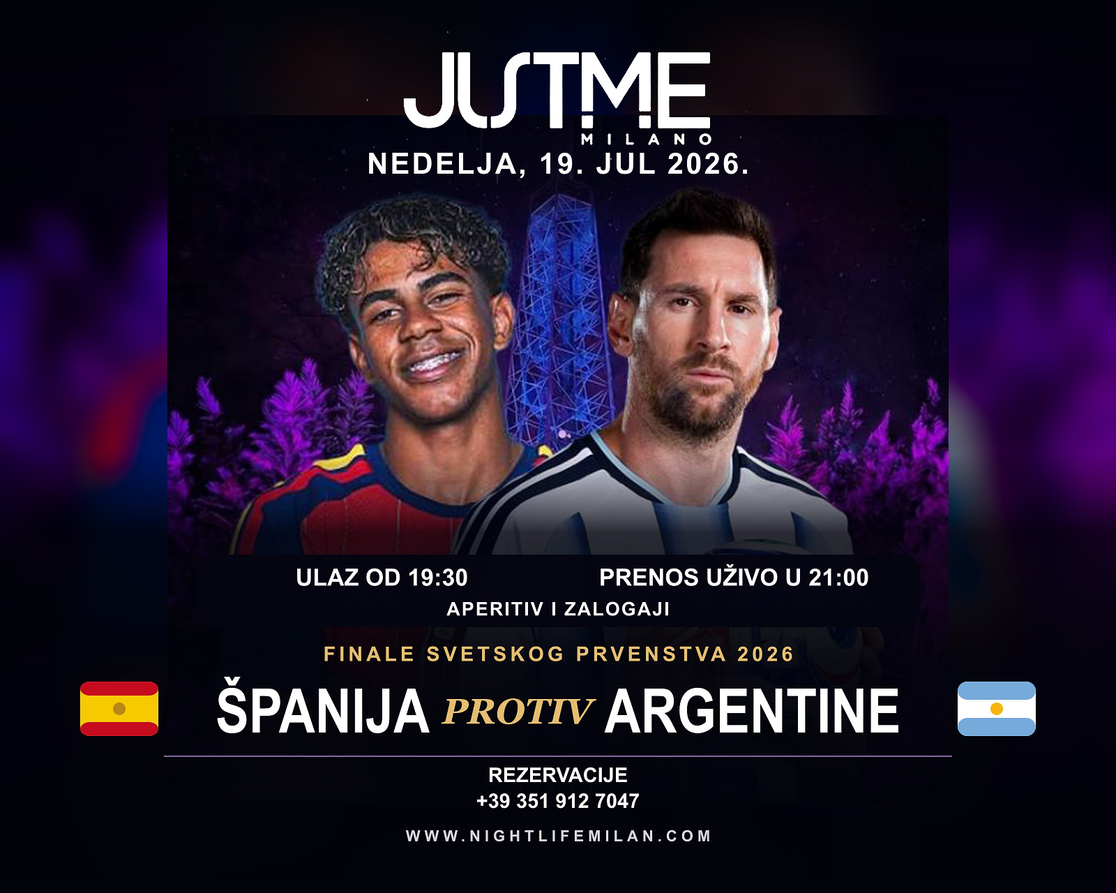 Plakat finala Španija – Argentina u Just Me Milano Plakat finala Španija – Argentina sa dva fudbalera, loptom i osvetljenim tornjem Torre Branca