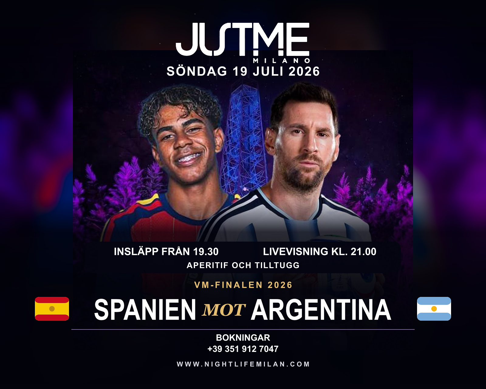 Affisch för finalen Spanien – Argentina på Just Me Milano Affisch för finalen Spanien – Argentina med två fotbollsspelare, en boll och det upplysta tornet Torre Branca