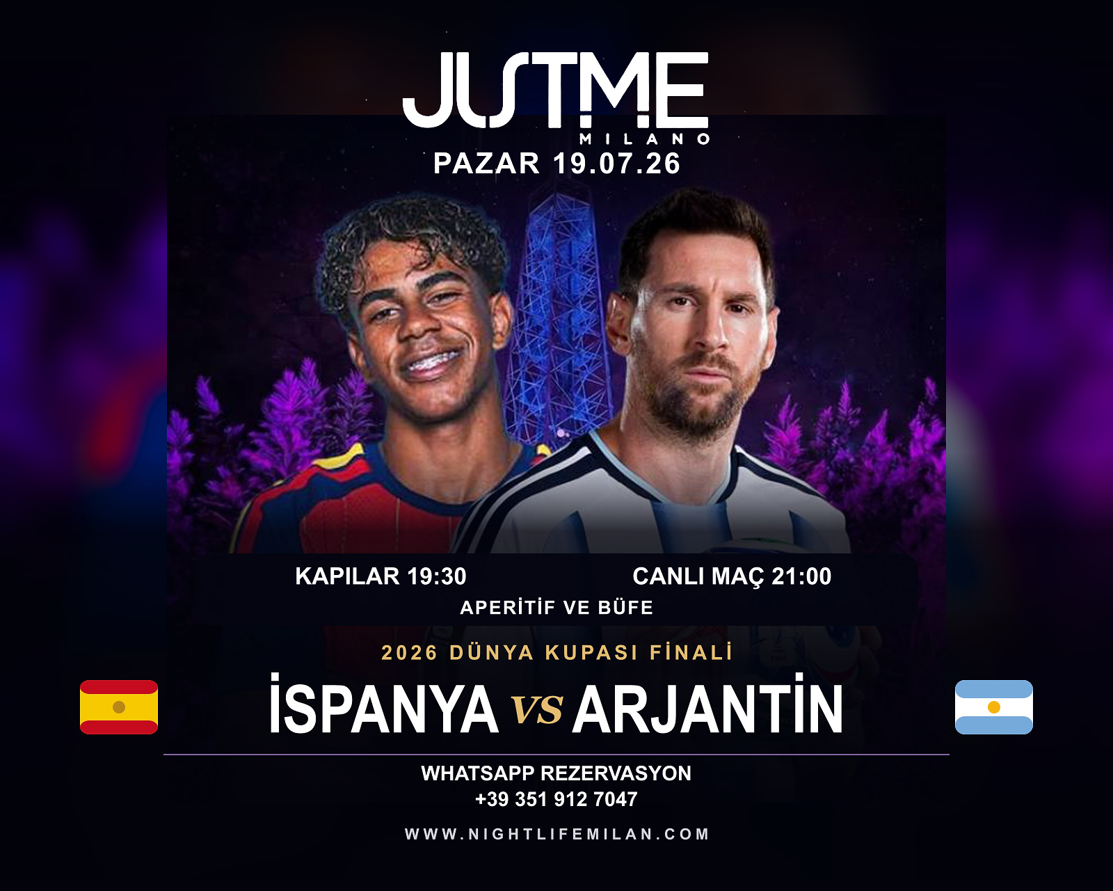 Just Me Milan İspanya-Arjantin Türkçe afişi İspanya ve Arjantin oyuncuları, Torre Branca, bayraklar, tarih ve saatlerin yer aldığı Türkçeleştirilmiş Just Me Milan afişi