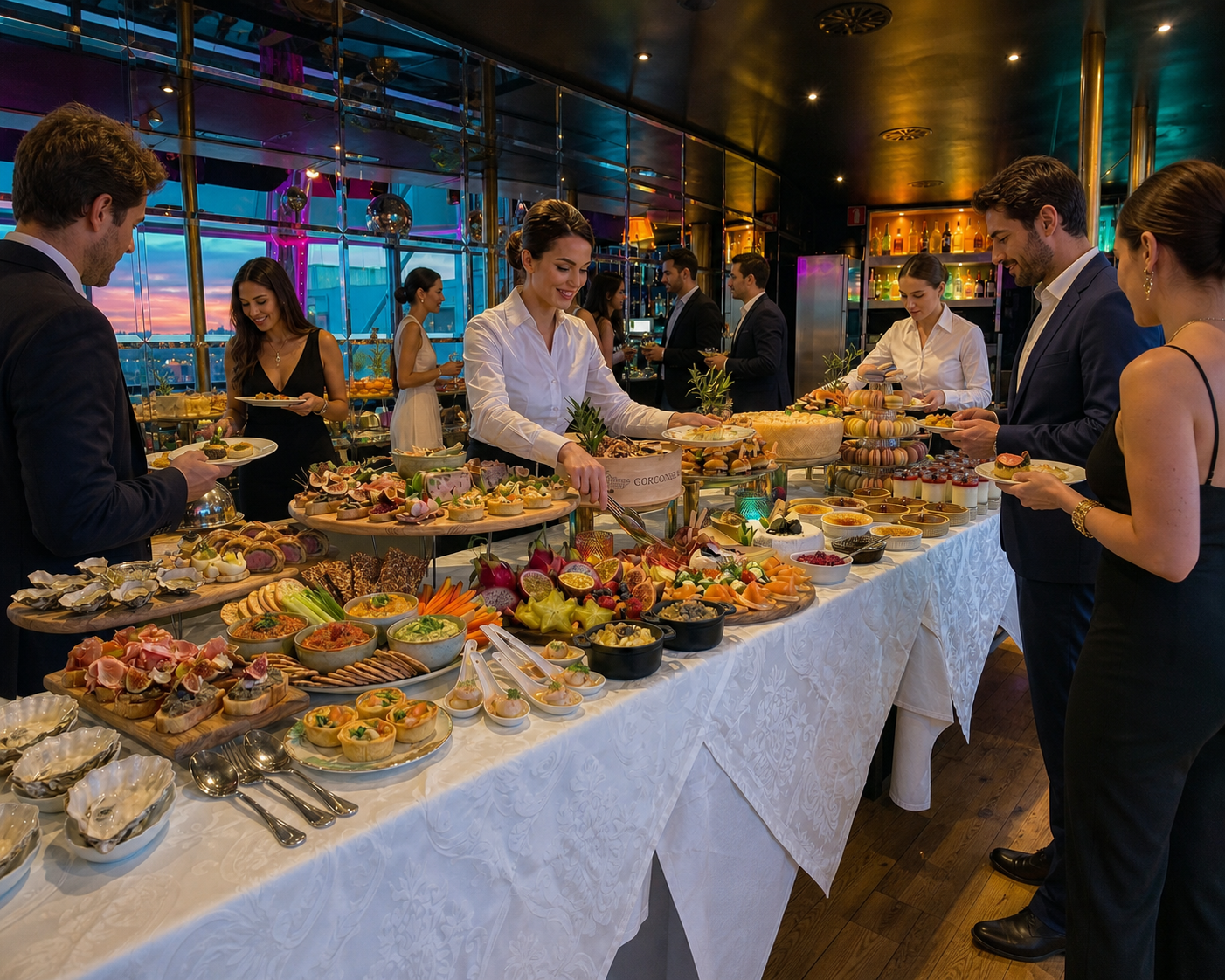 Buffet del Just Me Milano con ospiti in abbigliamento elegante prima della fase club.