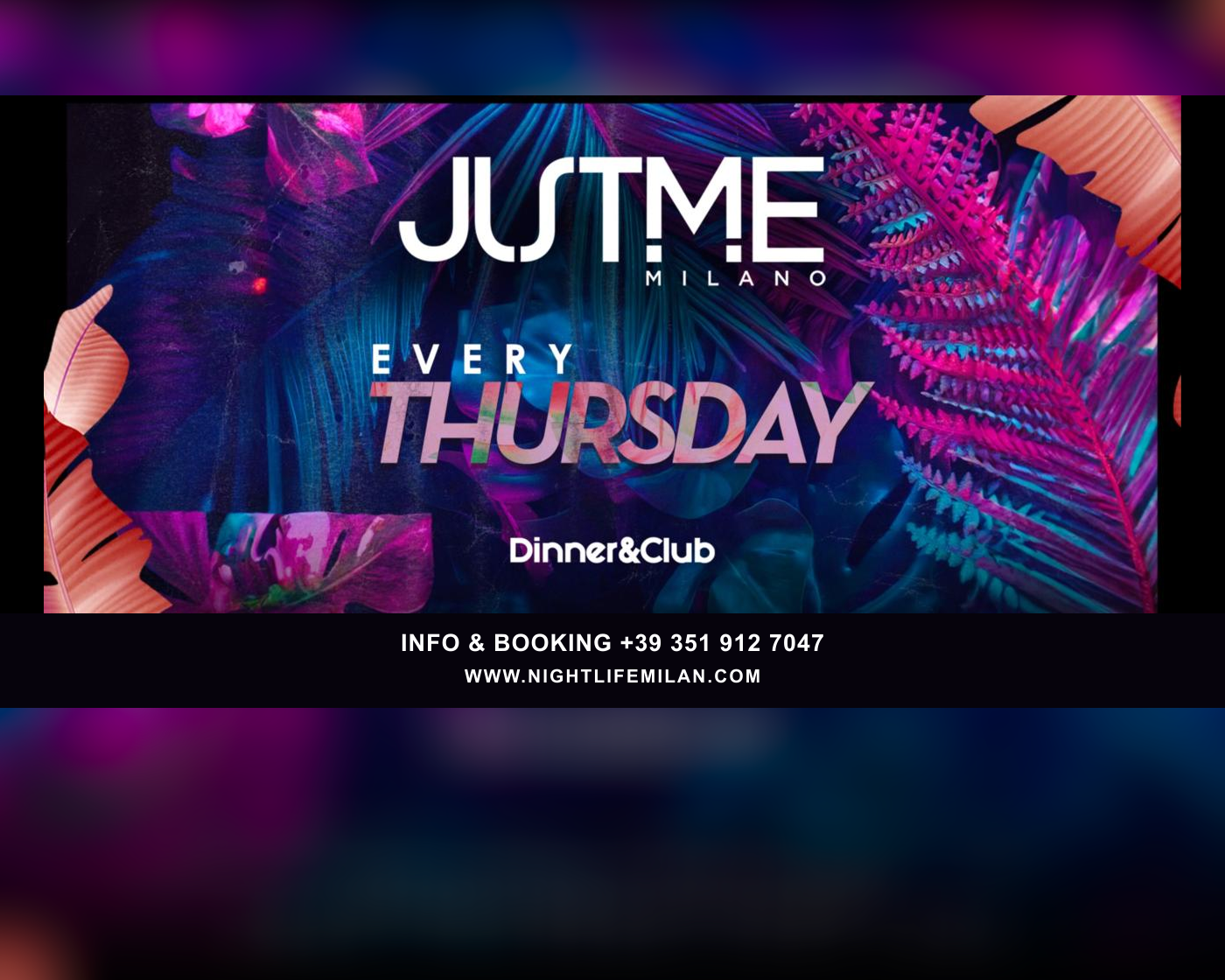 Official poster Thursday Night at Just Me Milano - Thursday, July 23, 2026 poster with date, time, dress code and Nightlife Milan contacts.
