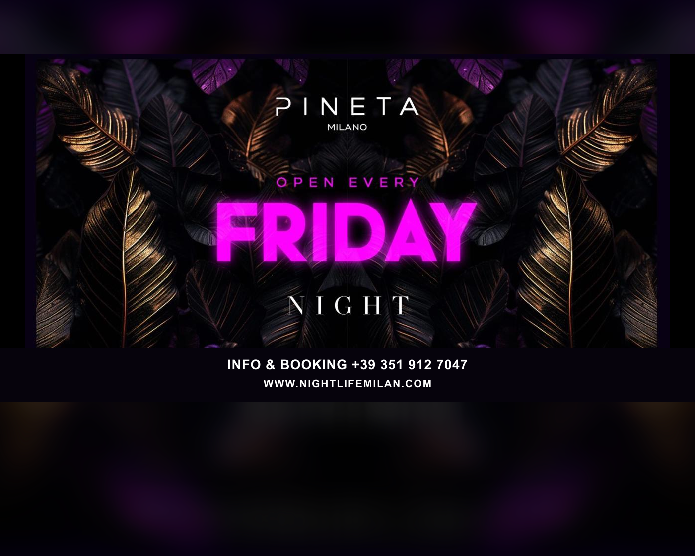 Official poster Friday Night at Pineta Club - Friday, July 24, 2026 poster with date, time, dress code and Nightlife Milan contacts.